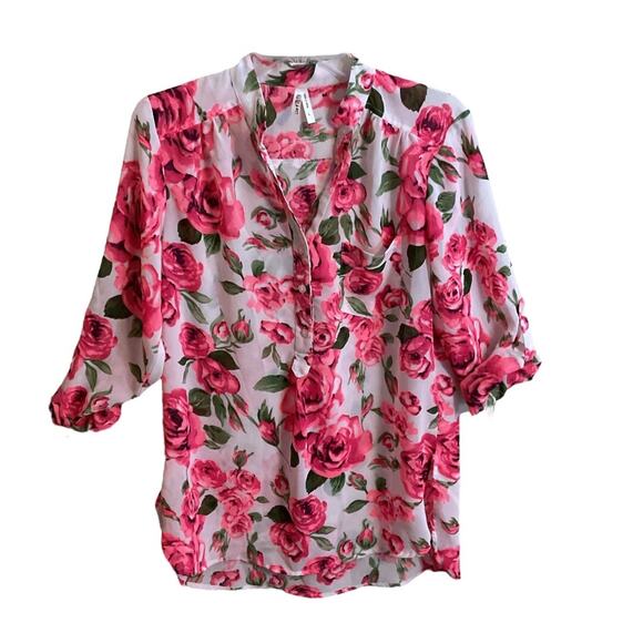 I Live 4 Truth Blouse Women Size L Pink Floral Hi Low Hem Roll Tab Sleeve - Picture 11 of 11